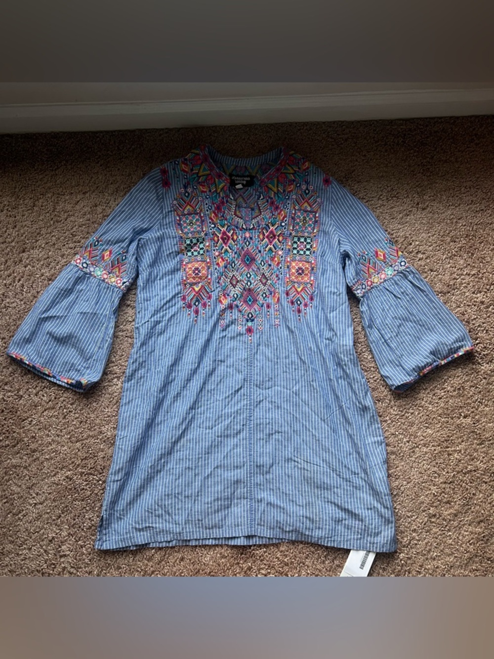 Johnny Was Workshop Shankara Embroidered Pinstripe Tunic Dress Small
